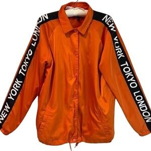 Forever 21 Orange Satin Bomber Jacket with‎ City Print Size M